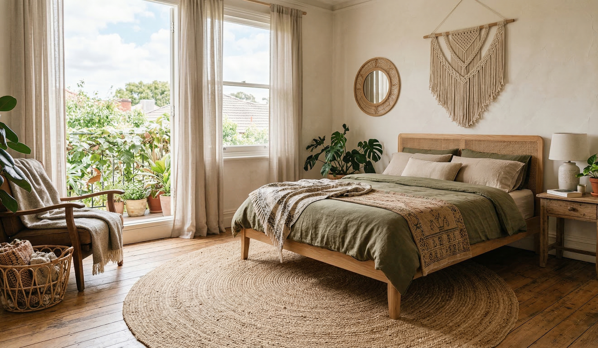 שטיח יוטה עגול בחדר שינה מעוצב בסגנון בוהו שיק עם טקסטורות טבעיות