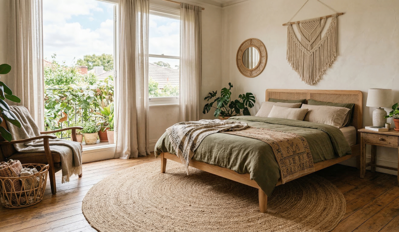 שטיח יוטה עגול בחדר שינה מעוצב בסגנון בוהו שיק עם טקסטורות טבעיות